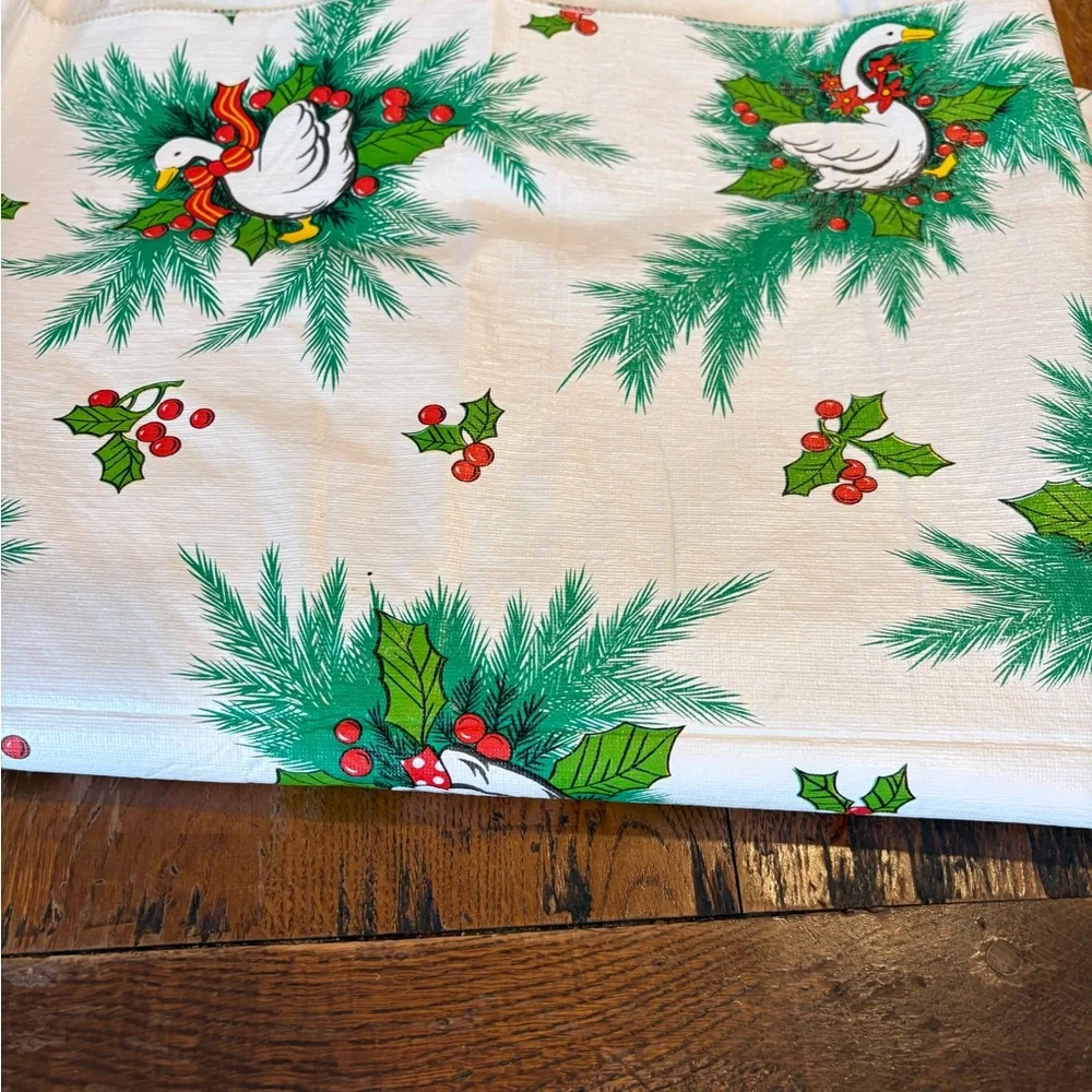 Holiday Tablecloth with Green and Red Holly Design vintage vinyl geese